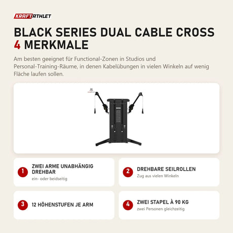 Titanium Strength Black Series Dual Cable Cross mit 4 Merkmalen: Zwei Arme unabhängig drehbar, Drehbare Seilrollen, 12 Höhenstufen je Arm, Zwei Stapel à 90 kg