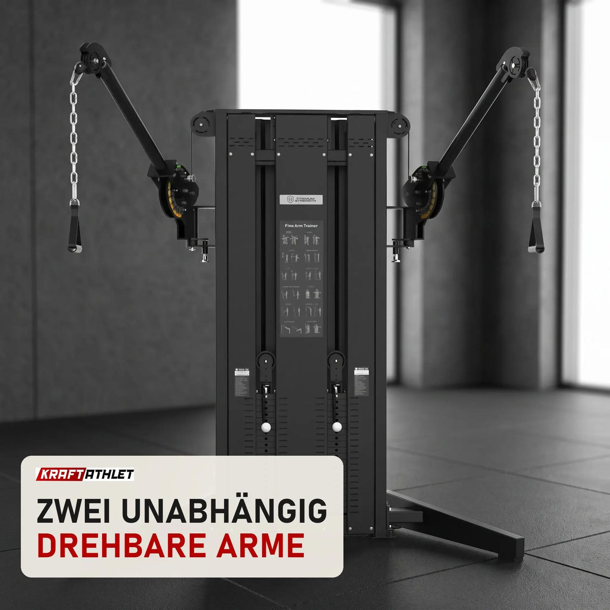 Titanium Strength Black Series Dual Cable Cross in einem fertig eingerichteten Studio mit dunklen Wänden und Gummiboden