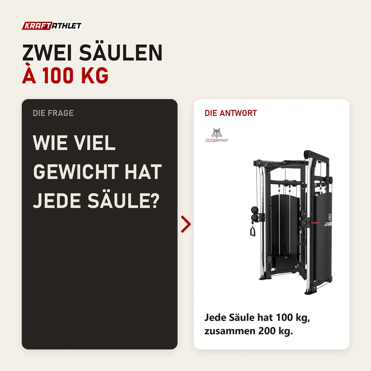 Frage und Antwort zu Titanium Strength Black Series Functional Trainer: Wie viel Gewicht hat jede Säule?