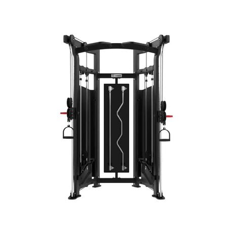 Titanium Strength Black Series Functional Trainer in Schwarz, Frontansicht mit Curlstange und Griffen
