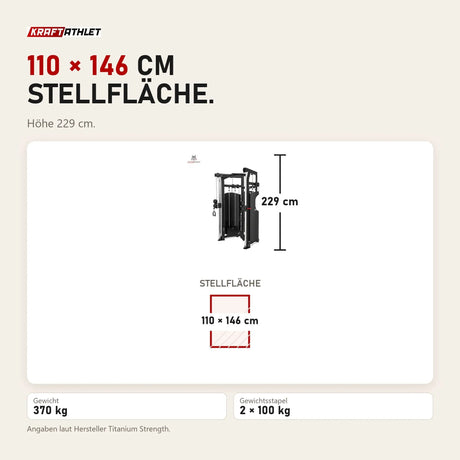 Maßbild Titanium Strength Black Series Functional Trainer: Stellfläche 110 × 146 cm, Höhe 229 cm