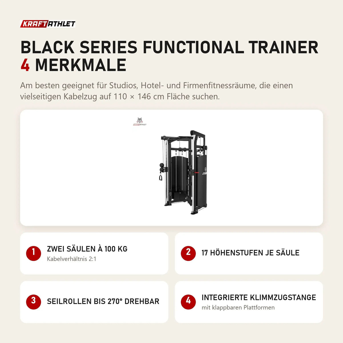 Titanium Strength Black Series Functional Trainer mit 4 Merkmalen: Zwei Säulen à 100 kg, 17 Höhenstufen je Säule, Seilrollen bis 270° drehbar, Integrierte Klimmzugstange