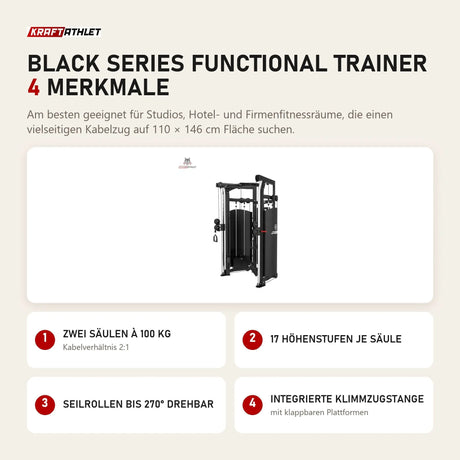Titanium Strength Black Series Functional Trainer mit 4 Merkmalen: Zwei Säulen à 100 kg, 17 Höhenstufen je Säule, Seilrollen bis 270° drehbar, Integrierte Klimmzugstange