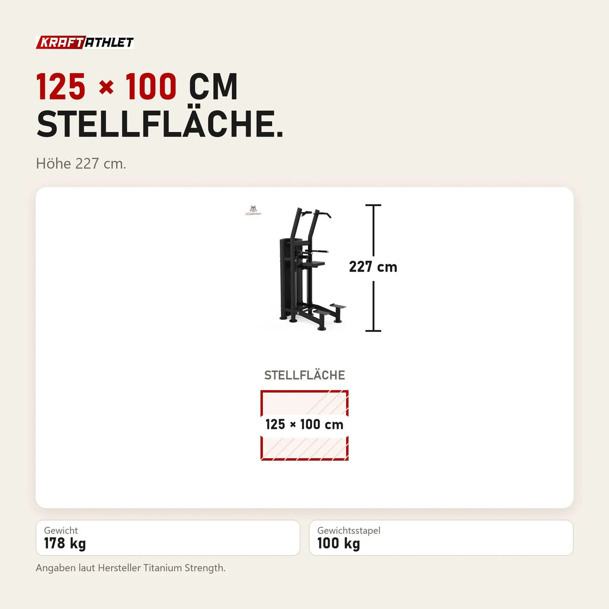 Maßbild Titanium Strength Black Series Geführte Dips und Klimmzüge: Stellfläche 125 × 100 cm, Höhe 227 cm
