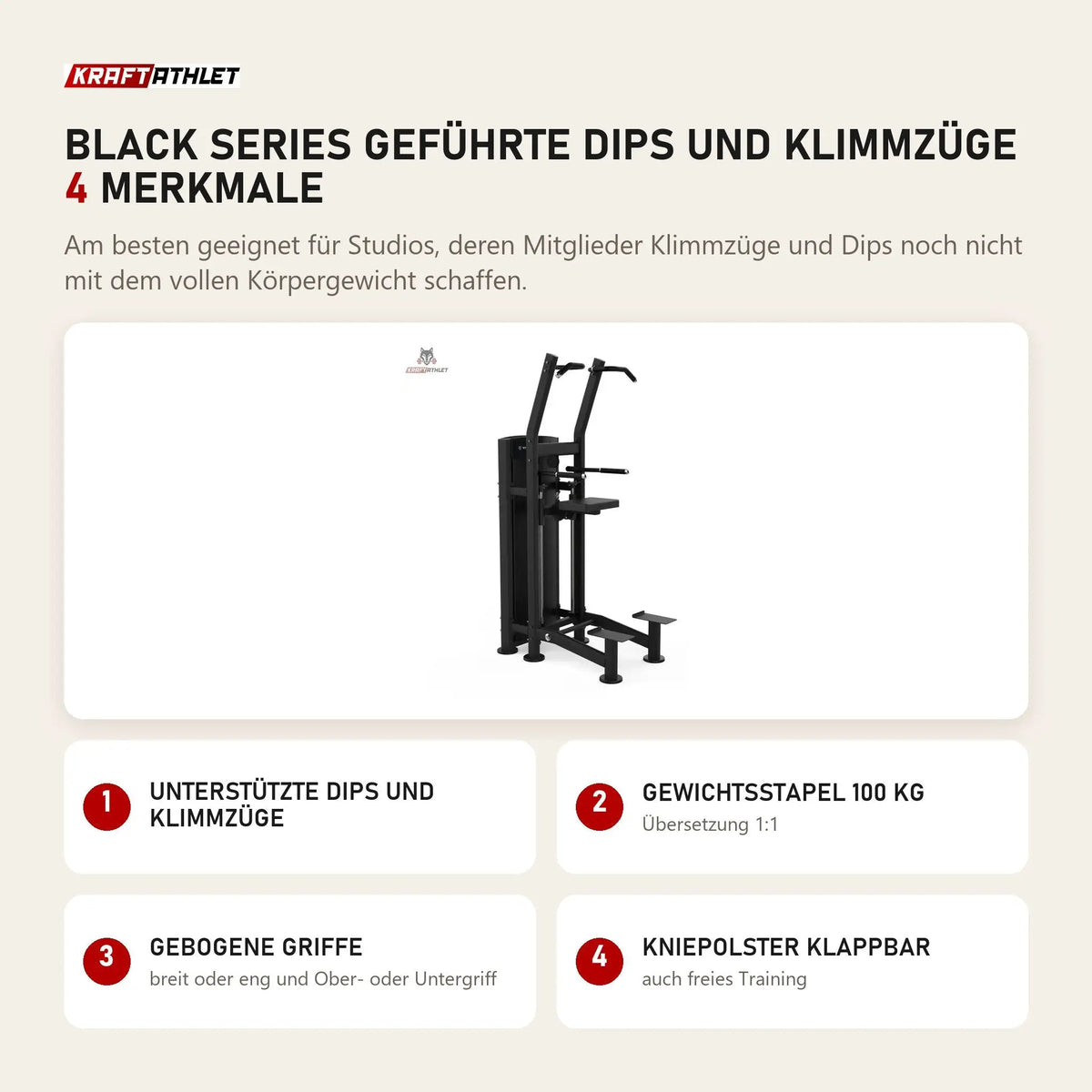 Titanium Strength Black Series Geführte Dips und Klimmzüge mit 4 Merkmalen: Unterstützte Dips und Klimmzüge, Gewichtsstapel 100 kg, Gebogene Griffe, Kniepolster klappbar