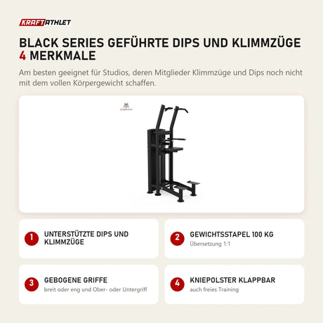 Titanium Strength Black Series Geführte Dips und Klimmzüge mit 4 Merkmalen: Unterstützte Dips und Klimmzüge, Gewichtsstapel 100 kg, Gebogene Griffe, Kniepolster klappbar