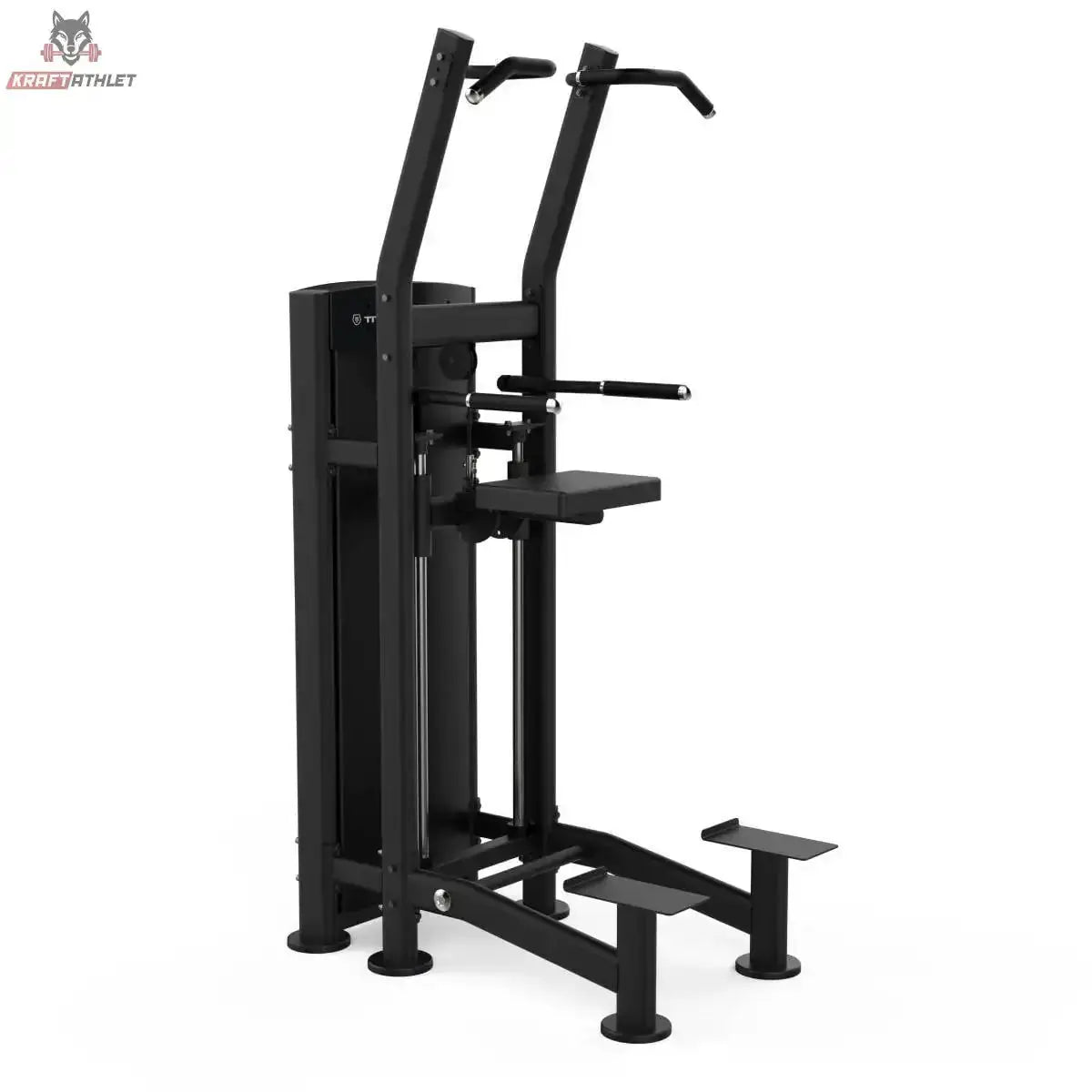 Titanium Strength Black Series Geführte Dips und Klimmzüge: Schrägansicht mit Klimmzuggriffen, Kniepolster und Trittstufen