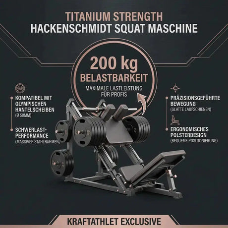 Titanium Strength Black Series Hackenschmidt Kniebeuge Maschine – Infografik zu Belastbarkeit und Scheibenhaltern