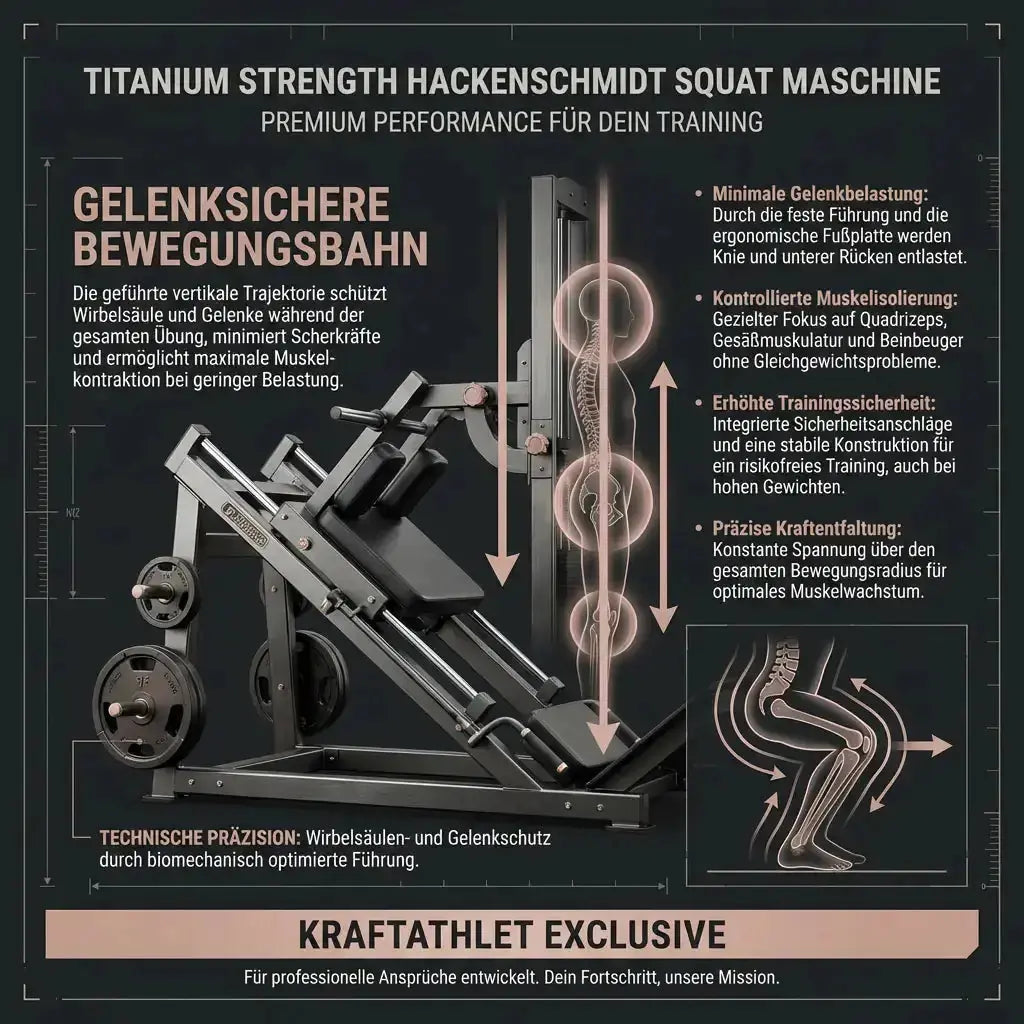 Titanium Strength Black Series Hackenschmidt Kniebeuge Maschine – Infografik zur geführten Bewegungsbahn mit Detailfotos