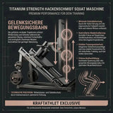 Titanium Strength Black Series Hackenschmidt Kniebeuge Maschine – Infografik zur geführten Bewegungsbahn mit Detailfotos