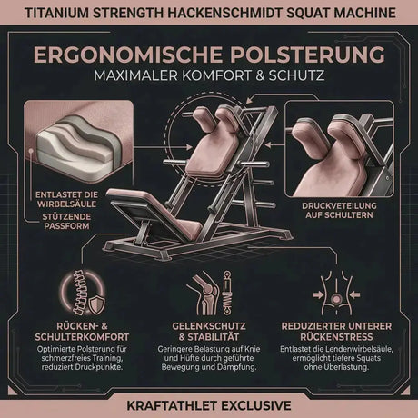 Titanium Strength Black Series Hackenschmidt Kniebeuge Maschine – Infografik zur Polsterung mit Detailaufnahmen