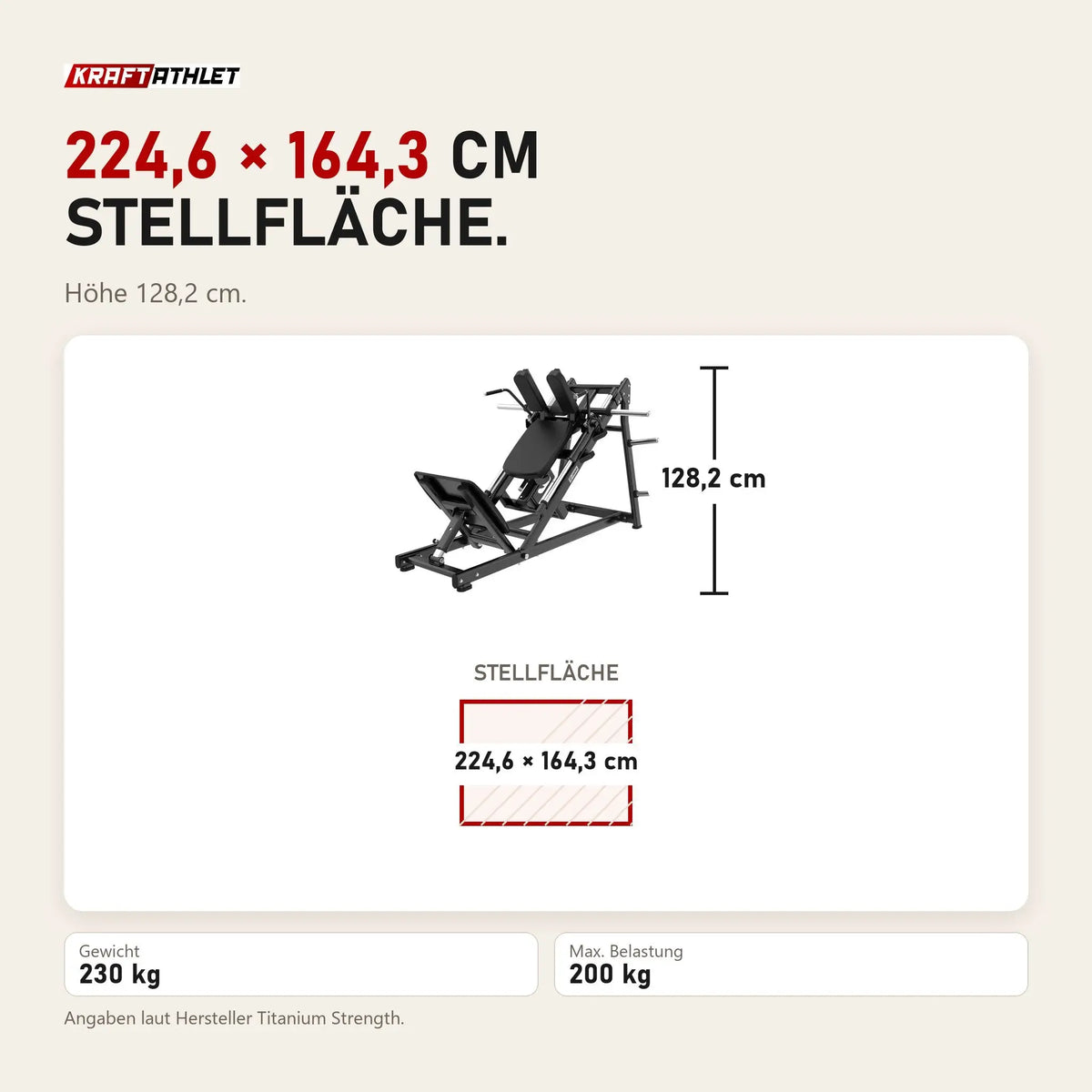Maßbild Titanium Strength Black Series Hackenschmidt Kniebeuge Maschine: Stellfläche 224,6 × 164,3 cm, Höhe 128,2 cm