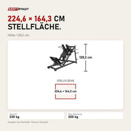 Maßbild Titanium Strength Black Series Hackenschmidt Kniebeuge Maschine: Stellfläche 224,6 × 164,3 cm, Höhe 128,2 cm