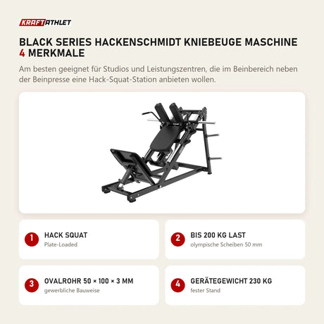 Titanium Strength Black Series Hackenschmidt Kniebeuge Maschine mit 4 Merkmalen: Hack Squat, Bis 200 kg Last, Ovalrohr 50 × 100 × 3 mm, Gerätegewicht 230 kg