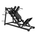 Titanium Strength Black Series Hackenschmidt Kniebeuge Maschine – Schrägansicht von rechts mit Schulterpolstern und Scheibenhaltern