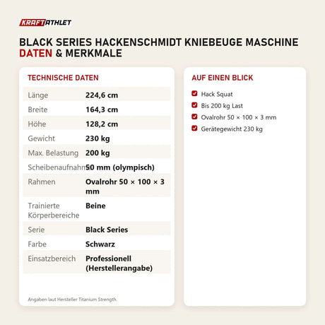 Technische Daten und Merkmale von Titanium Strength Black Series Hackenschmidt Kniebeuge Maschine als Tabelle