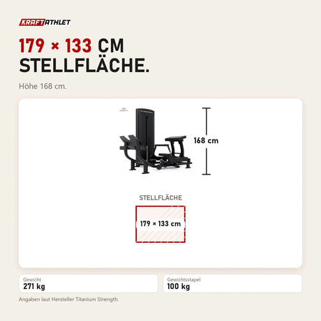 Maßbild Titanium Strength Black Series Hip Thrust mit Steckgewichten: Stellfläche 179 × 133 cm, Höhe 168 cm