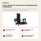 Titanium Strength Black Series Hip Thrust mit Steckgewichten mit 4 Merkmalen: Steckgewicht 100 kg, Sitz horizontal in 7 Positionen, Gepolsterte Beckenauflage, Erhöhte rutschfeste Fußplattformen