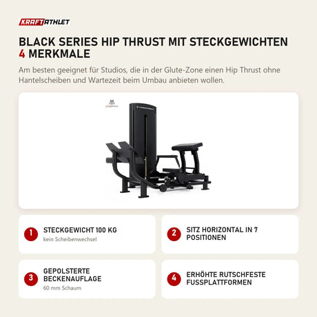 Titanium Strength Black Series Hip Thrust mit Steckgewichten mit 4 Merkmalen: Steckgewicht 100 kg, Sitz horizontal in 7 Positionen, Gepolsterte Beckenauflage, Erhöhte rutschfeste Fußplattformen
