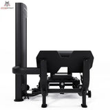 Titanium Strength Black Series Hip Thrust mit Steckgewichten – Ansicht vom Kopfende mit Rückenpolster und Gewichtsturm