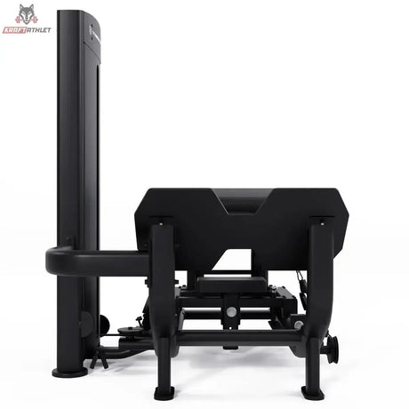 Titanium Strength Black Series Hip Thrust mit Steckgewichten – Ansicht vom Kopfende mit Rückenpolster und Gewichtsturm
