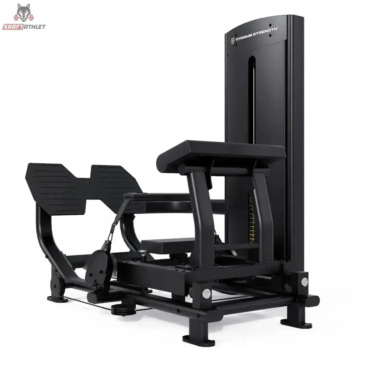 Titanium Strength Black Series Hip Thrust mit Steckgewichten – Schrägansicht von hinten mit Rückenpolster und Fußplattform