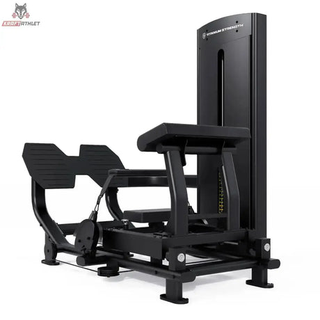 Titanium Strength Black Series Hip Thrust mit Steckgewichten – Schrägansicht von hinten mit Rückenpolster und Fußplattform