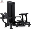 Titanium Strength Black Series Hip Thrust mit Steckgewichten – Schrägansicht mit Fußplattform, Liegepolster und Gewichtsturm