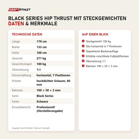 Technische Daten und Merkmale von Titanium Strength Black Series Hip Thrust mit Steckgewichten als Tabelle