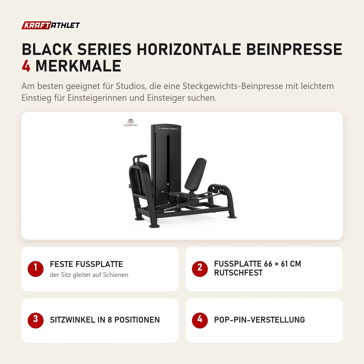 Titanium Strength Black Series Horizontale Beinpresse mit 4 Merkmalen: Feste Fußplatte, Fußplatte 66 × 61 cm rutschfest, Sitzwinkel in 8 Positionen, Pop-Pin-Verstellung