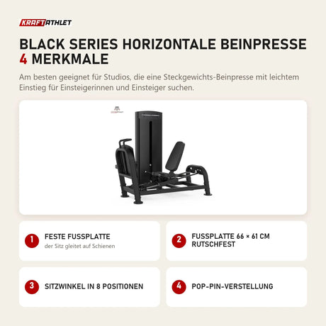 Titanium Strength Black Series Horizontale Beinpresse mit 4 Merkmalen: Feste Fußplatte, Fußplatte 66 × 61 cm rutschfest, Sitzwinkel in 8 Positionen, Pop-Pin-Verstellung