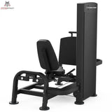 Titanium Strength Black Series Horizontale Beinpresse, Rückansicht schräg mit Sitz und Gewichtsturm