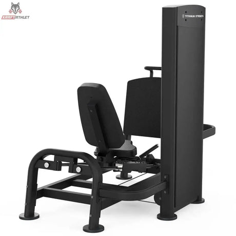 Titanium Strength Black Series Horizontale Beinpresse, Rückansicht schräg mit Sitz und Gewichtsturm