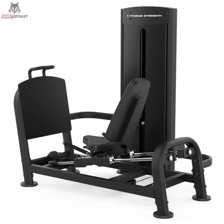 Titanium Strength Black Series Horizontale Beinpresse, Schrägansicht von hinten mit Sitz und Haltegriffen