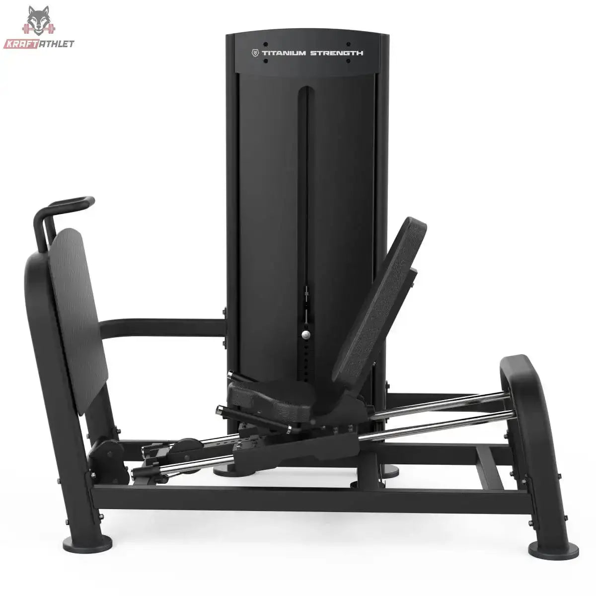 Titanium Strength Black Series Horizontale Beinpresse, Schrägansicht von vorn mit Fußplatte und Rückenlehne