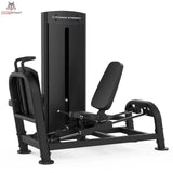 Titanium Strength Black Series Horizontale Beinpresse, Seitenansicht mit Gewichtsturm, Sitz und Fußplatte