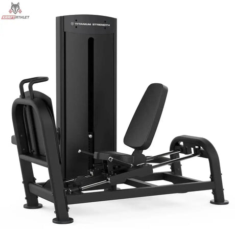 Titanium Strength Black Series Horizontale Beinpresse, Seitenansicht mit Gewichtsturm, Sitz und Fußplatte