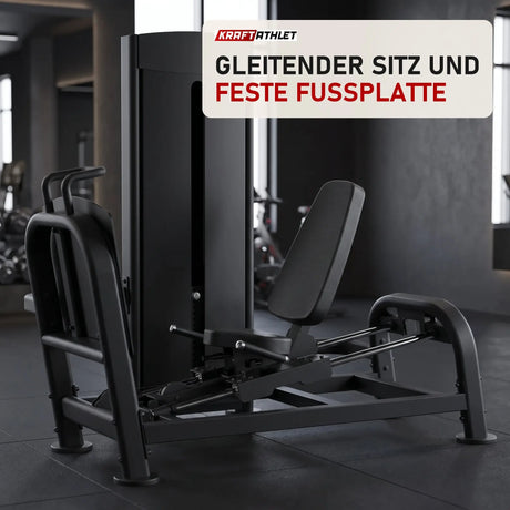 Titanium Strength Black Series Horizontale Beinpresse in einem fertig eingerichteten Studio mit dunklen Wänden und Gummiboden