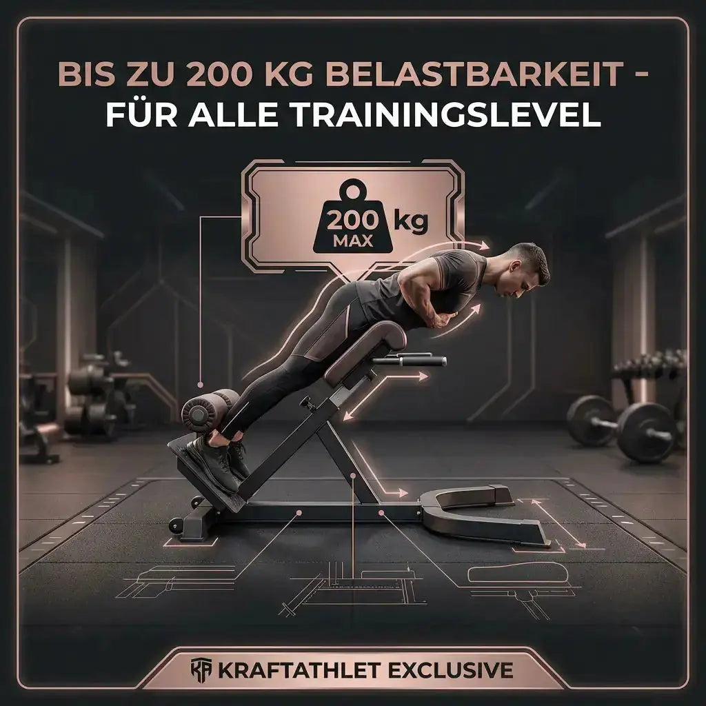 Titanium Strength Black Series Hyperextension Bank als Infografik zur Belastbarkeit mit Trainierendem im Studio