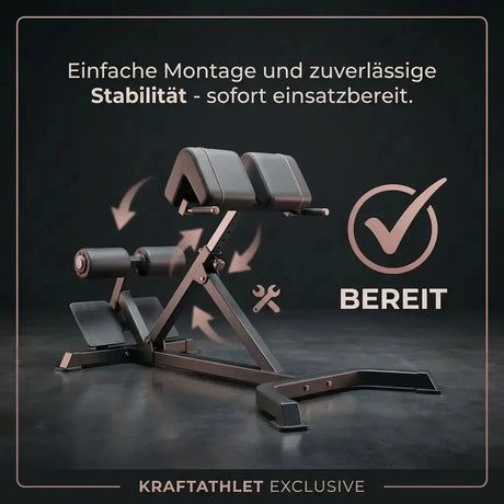 Titanium Strength Black Series Hyperextension Bank als Infografik zur schnellen Montage vor dunklem Hintergrund