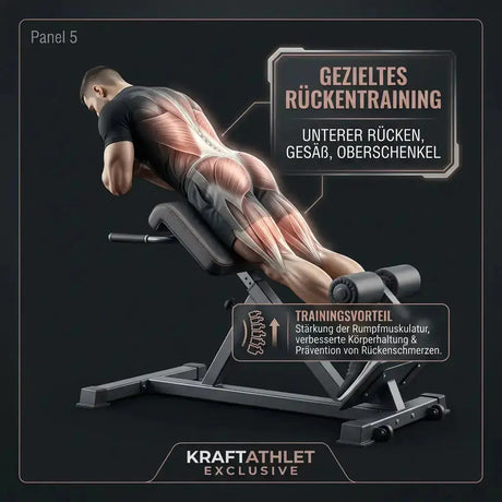 Titanium Strength Black Series Hyperextension Bank als Infografik mit Trainierendem in der Endposition der Übung