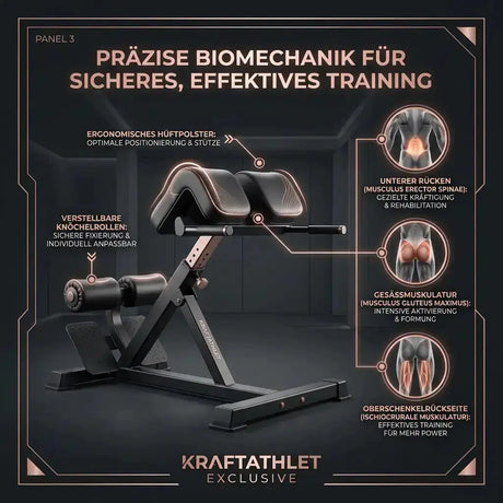 Titanium Strength Black Series Hyperextension Bank als Infografik zu den Verstellpunkten an Hüftpolster und Fußplatte
