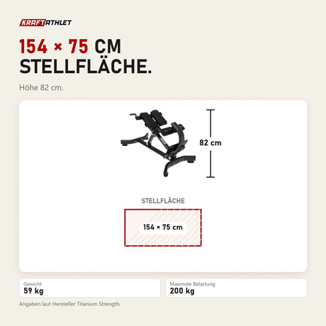 Maßbild Titanium Strength Black Series Hyperextension Bank: Stellfläche 154 × 75 cm, Höhe 82 cm