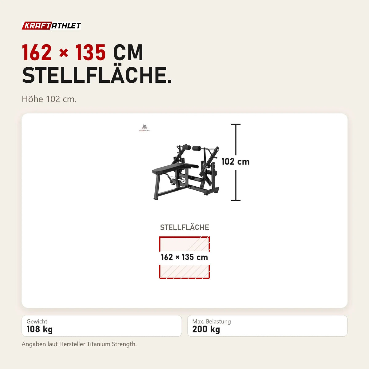 Maßbild Titanium Strength Black Series IsoLateral Beinbeuger Liegend: Stellfläche 162 × 135 cm, Höhe 102 cm