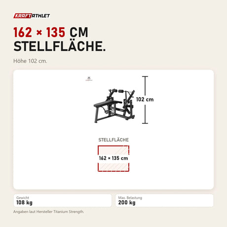 Maßbild Titanium Strength Black Series IsoLateral Beinbeuger Liegend: Stellfläche 162 × 135 cm, Höhe 102 cm