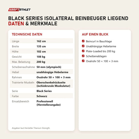 Technische Daten und Merkmale von Titanium Strength Black Series IsoLateral Beinbeuger Liegend als Tabelle