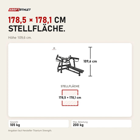 Maßbild Titanium Strength Black Series IsoLateral Brustpresse Horizontal: Stellfläche 178,5 × 178,1 cm, Höhe 109,6 cm