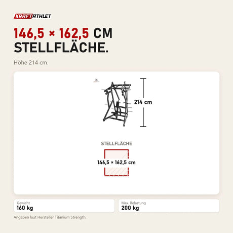 Maßbild Titanium Strength Black Series IsoLateral D.Y. Row Rudermaschine: Stellfläche 146,5 × 162,5 cm, Höhe 214 cm