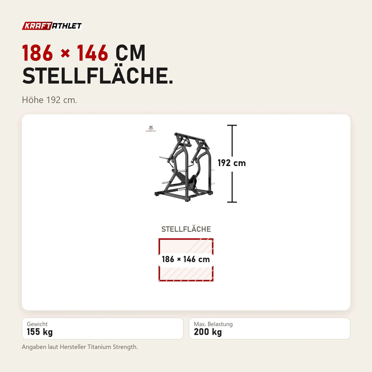 Maßbild Titanium Strength Black Series IsoLateral Geneigte Schulterpresse: Stellfläche 186 × 146 cm, Höhe 192 cm