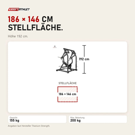 Maßbild Titanium Strength Black Series IsoLateral Geneigte Schulterpresse: Stellfläche 186 × 146 cm, Höhe 192 cm
